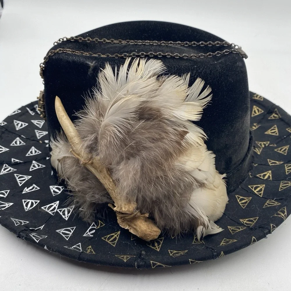 Steampunk Harry Porter Deathly Hallows Hat Black Fedora Size‎ 7 1/8 Feather